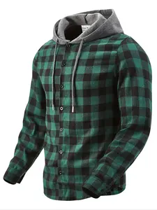 Men's Hooded Plaid Checked Shirt Jacket, Soft Brushed Fabric, Adjustable Drawstring, Long Sleeve, Fall & Winter, Preppy Style, Casual Wear