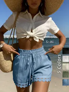Women's Linen Shorts, Casual High Waist Wide Leg Drawstring Shorts, Lace Patchwork Detail Belted Beach Shorts, Home Wear Shorts