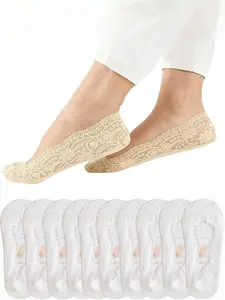 Women's Lace Boat Socks, 10 Pairs, Invisible Non-Slip Silicone, Breathable, Comfortable, Suitable for Low Heel Shoes & High Heels