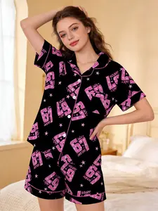 Women's  67 six seven Sleepwear Loungewear Set Two-Piece Button-Up Top & Shorts, Comfortable Casual Geometric Print Home Wear, All-Season Fitted Pajamas with Heart