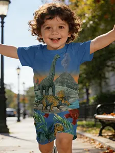 Travel through the Jurassic! Dinosaur & volcano printed short-sleeve set for infants and toddlers, casual kids' clothing, T-shirts suitable for daily and outdoor sports. Made of 100% polyester, a perfect gift for little ones!