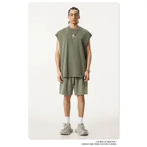 summer trend sports fitness hole hemming vest five-point pants set men and women the same style