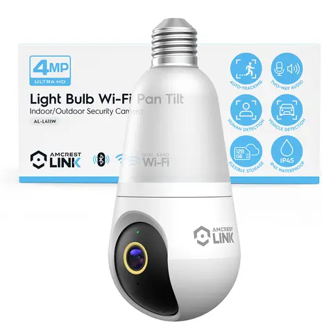Amcrest Link AL-L411W 4MP Wireless Bulb CCTV Camera - All-in-2 Solution Surveillance Camera Systems Safety Device with Human Detection, Auto-Track, 2-Way Audio, Pan, 20-46° Tilt, AI Night Color, Stable Connection, Micro SD Card Support