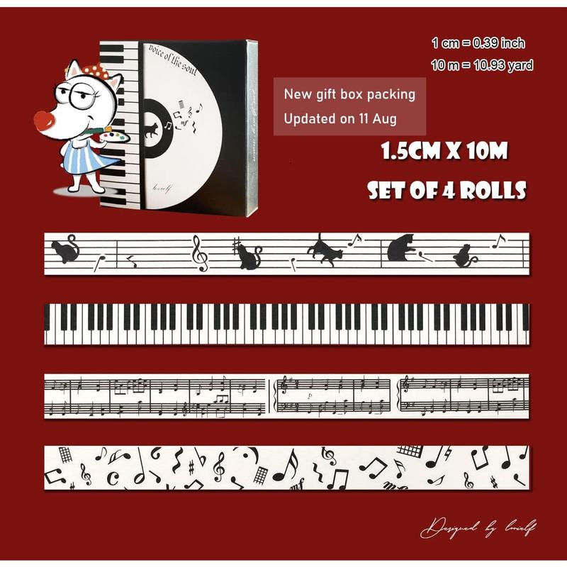 Black and White Piano Note Melody Keyboard  Staff Stave Score Music washi Tape Set of 4 Rolls - Decorative DIY  Masking Scrapbook Notebook Planner | Length: 10m (10.93 Yards)