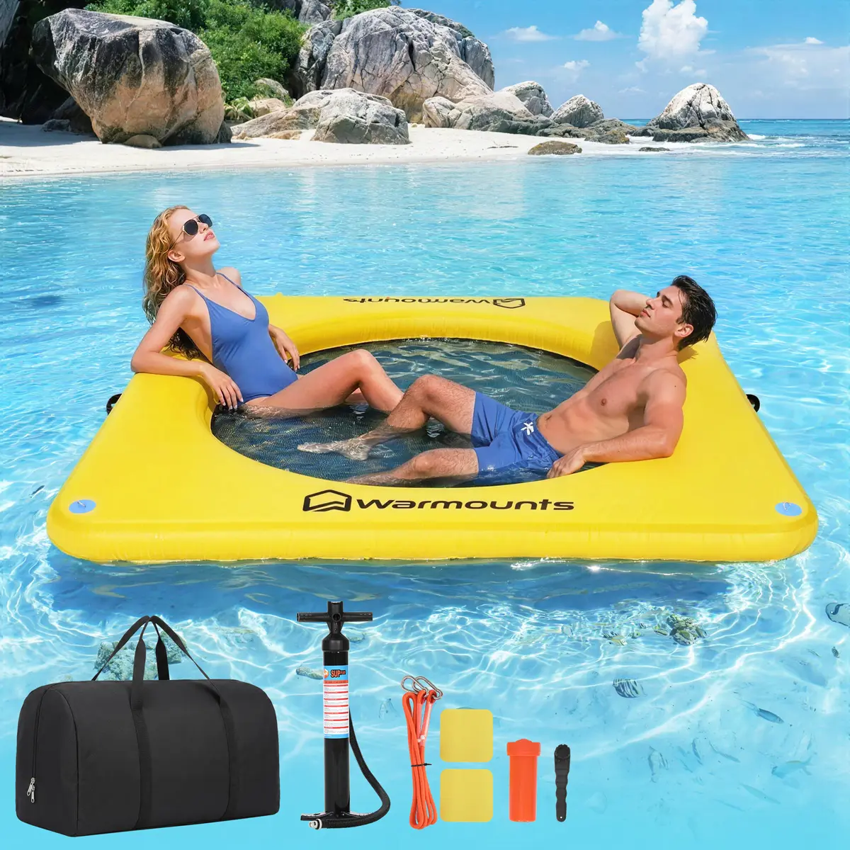 [Home Essentials] WARMOUNTS 8x8FT Inflatable Floating Dock – Floating Platform with 6FT Mesh Pool, 700LB Capacity, Non Slip Drop Stitch Construction, Lake Floats for Adults, Ride On Floaty, with Hand Pump, D Rings & Carry Bag