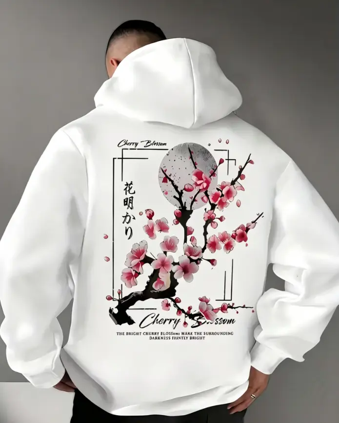 Japanese Cherry Blossom Moon Back Print Fleece Pullover Hoodie, Retro Streetwear Casual Long Sleeve Sweatshirt For All Seasons