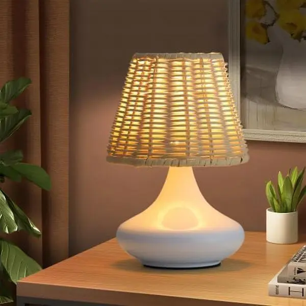 White Woven Bamboo Pendant Light with Iron Base & Three Color Temperatures