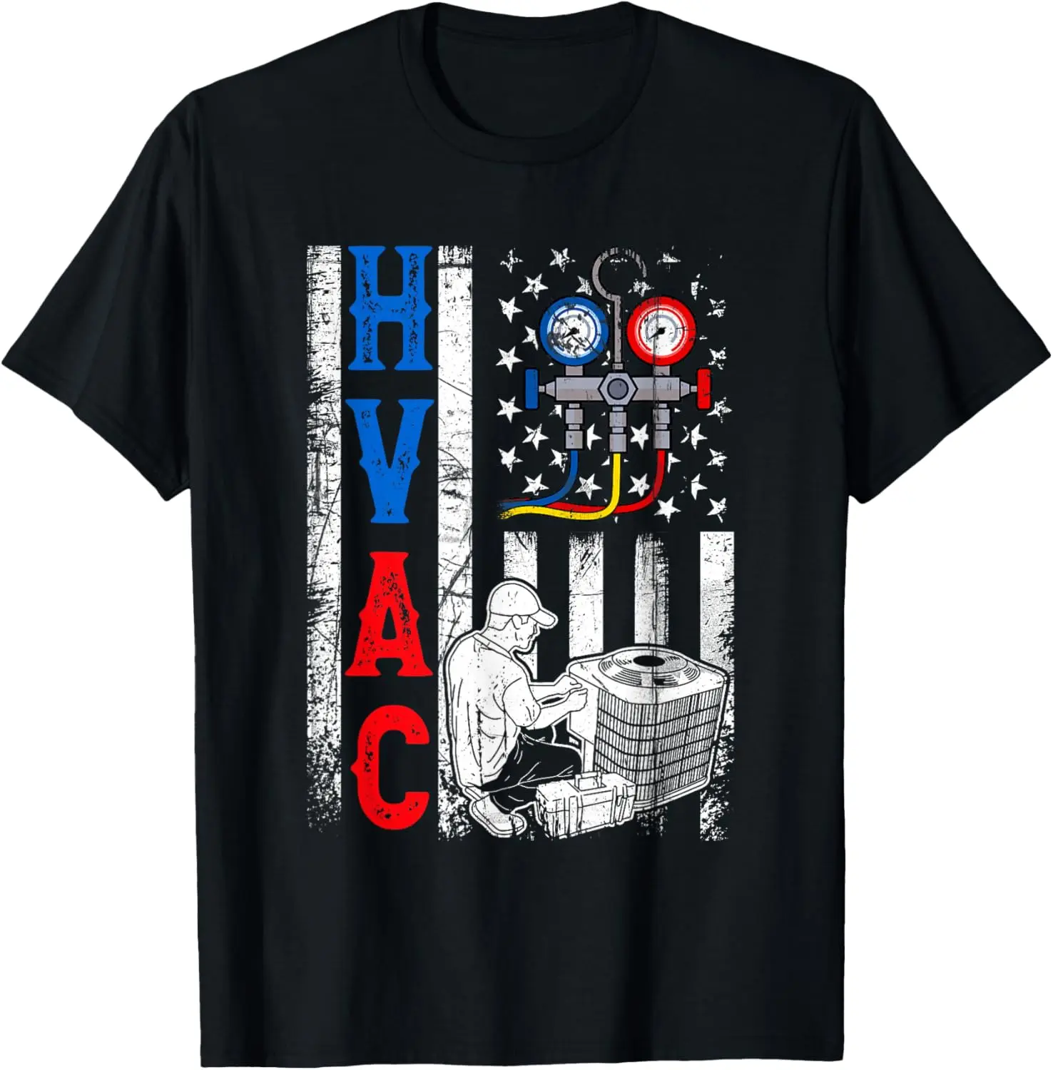 Women's 100% Cotton Short-Sleeve Round Neck Graphic Top, Distressed Proud USA HVAC Tech American Flag T-Shirt