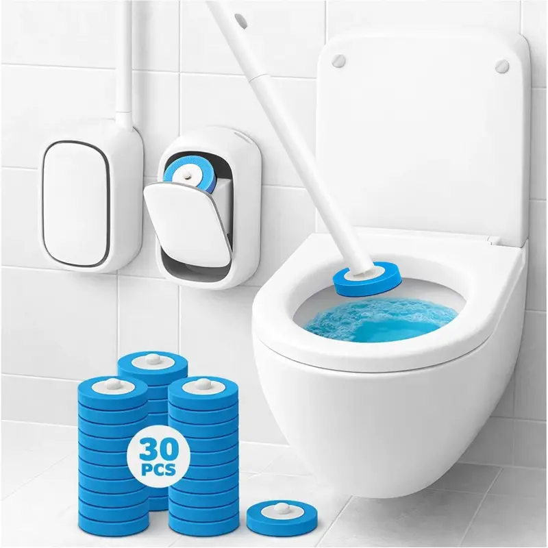 Wall-Mounted Disposable Toilet Brush Kit and 30 Fresh Bleach Scrubbing Sponge Pads.Bathroom Space Saving Toilet Wand kit.Toilet Bowl Brush and Holder Set.(Starter Kit + 30 Brush)valentine's day decor