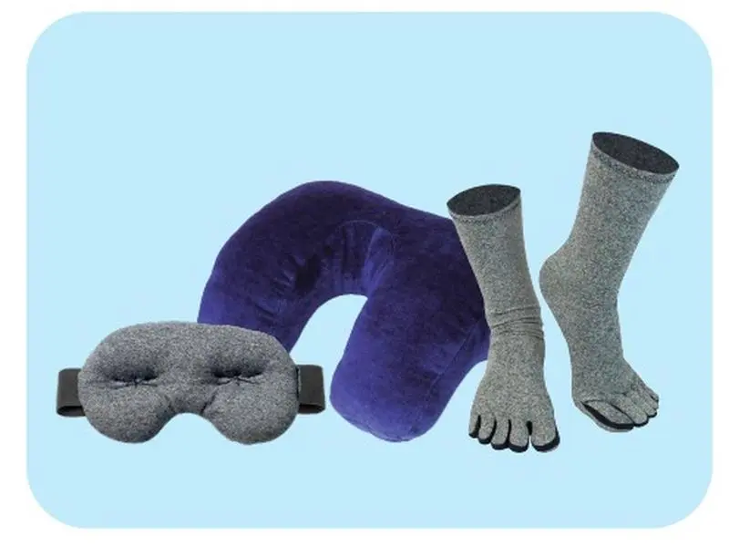 BrownMed IMAK Travel Bundle - Ergonomic Ergo Happineck Support, Compression Eye Support, Compression Socks, Breathable Pillows (On-the-Go Comfort for Circulation, Joint Aches, Arthritis Relief)