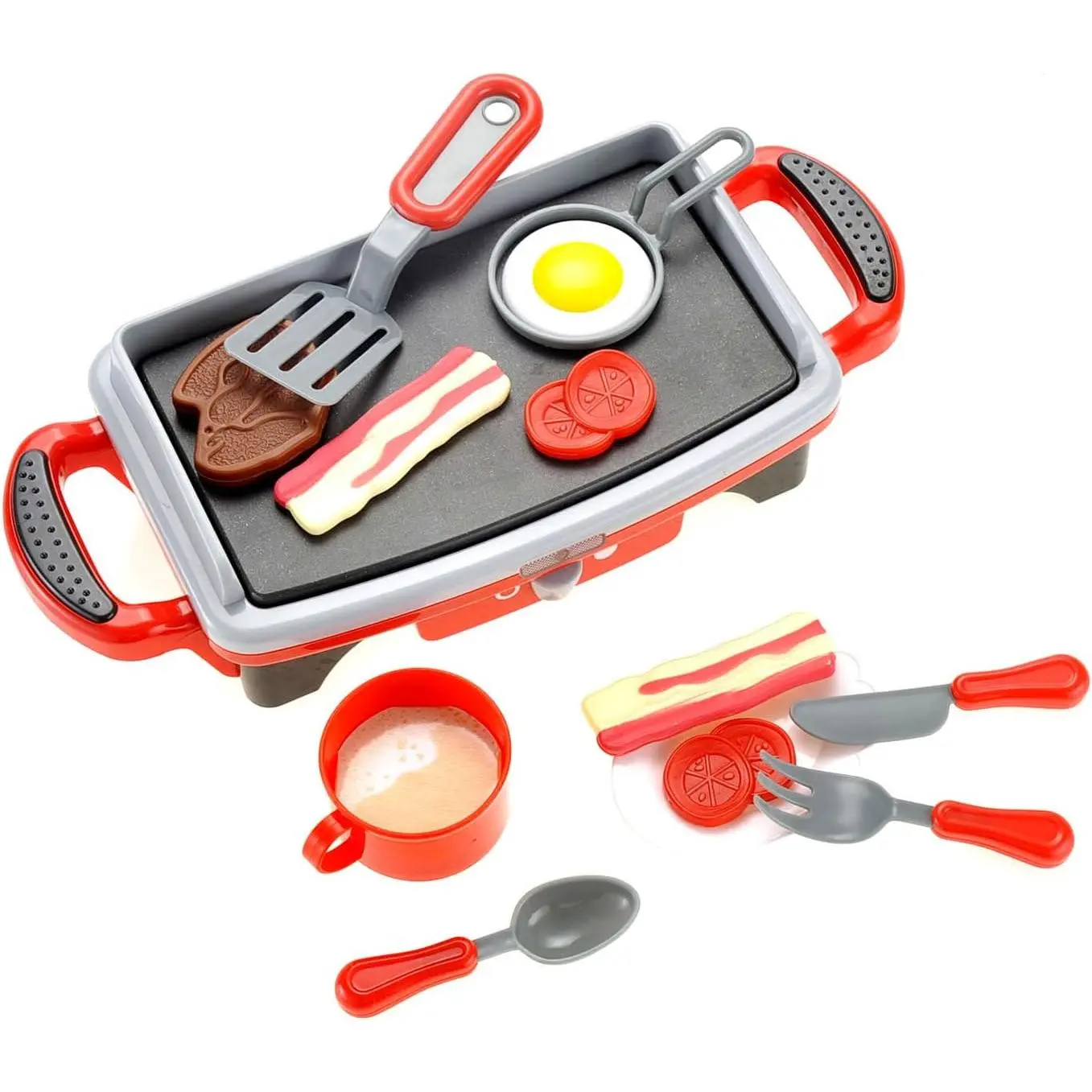 Breakfast Kids Toy Grill Playset for Ages 4-8, Cooking Toys Play Grill Set for Kids, Pretend BBQ Grill with Realistic Sounds Foods Utensils