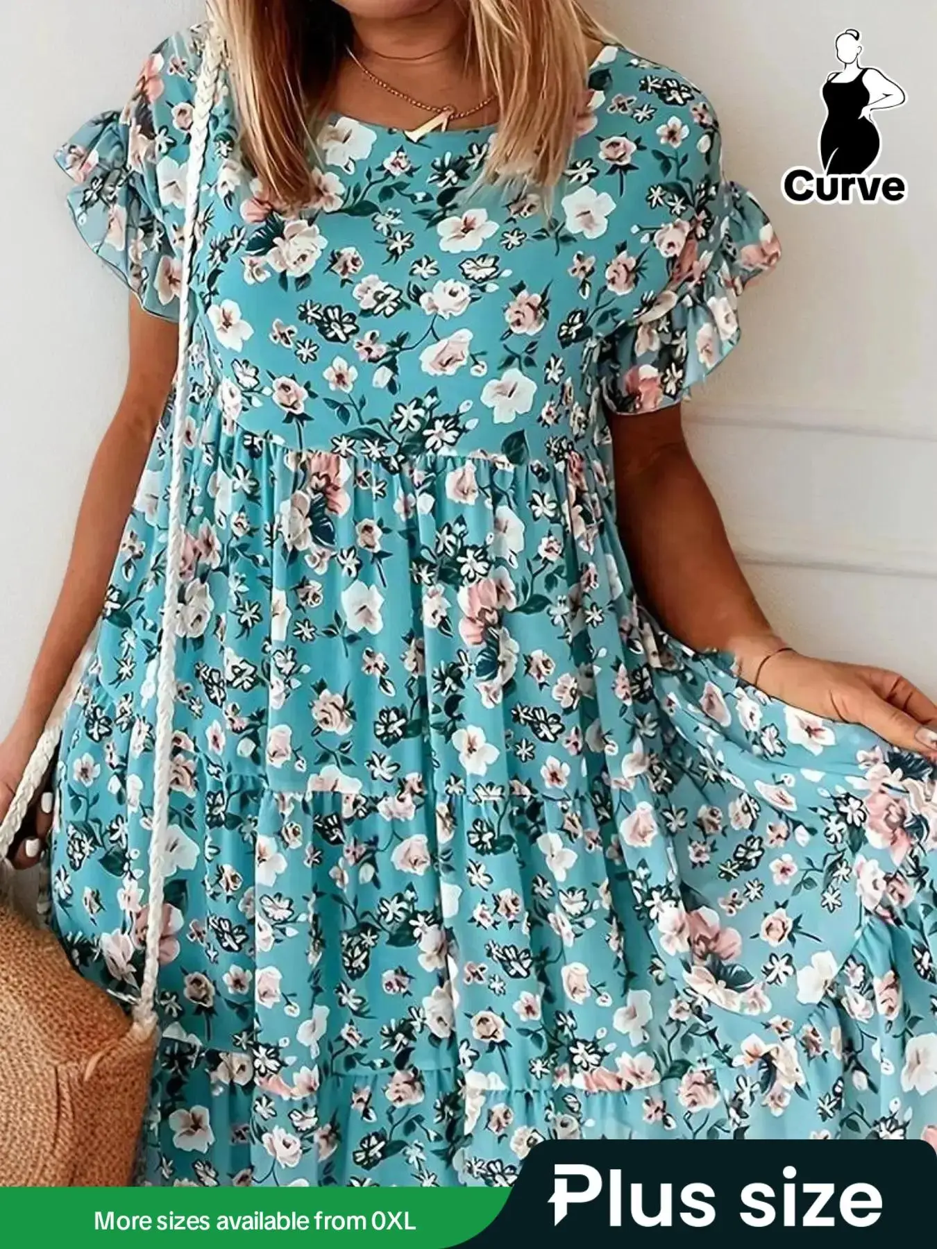 【Plus Size】Floral Print Tiered Ruffle Flounce Sleeve Smock Dress, Boho Romantic Short Sleeve Round Neck Short Dress for Daily Holiday Vacation Wear, W