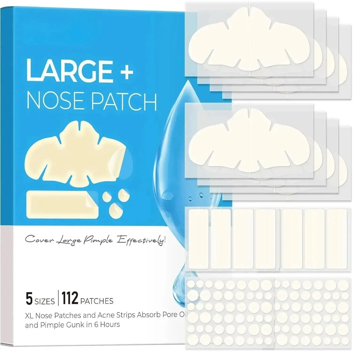 Hydrocolloid Nose Patches, XL Nose Pore Strips 91 x 48 mm, Large Hydrocolloid Acne Pimple Patches for Face, Cover Zit Blemishes & Absorb Oil (Nose Contoured, Strip, Dots 5 Sizes)