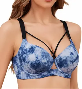 WMBras Pretty Blue Tie-Dye Push Up Underwire Bra for Women Soft Mesh Wings Unlined 3/4 Cup Deep V T-Shirt Bra with Adjustable Straps Everyday