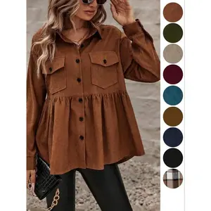 Plus Size Flap Pocket Ruffle Hem Button Front Shirt, Casual Long Sleeve Collared Peplum Top for Fall & Winter, Women’s Clothing for Everyday Wear