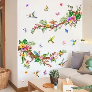 2Pcs/Set (3060cm2pcs) Watercolor Flower Bird Branches Wall Stickers Fresh Hummingbird Butterfly Decor for Living Room Bedroom Self-Adhesive Decals
