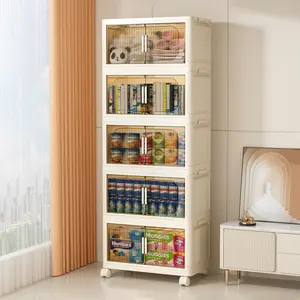 19.69" Side Wide Folding Storage Cabinet ,5 Tiers,19.69"*11.81"*50.00",Collapsible Storage Bins with Magnetic Door, Plastic Storage Cabinet with Wheels, Closet organizers and Storage Containers