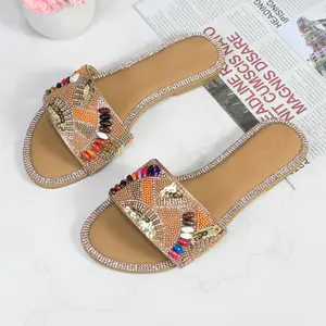 Glittery Women's Rhinestone & Sequin Slide Sandals – Stylish Open-Toe Flats with Comfortable Latex Insole for Parties, Casual Wear, and Beach Days