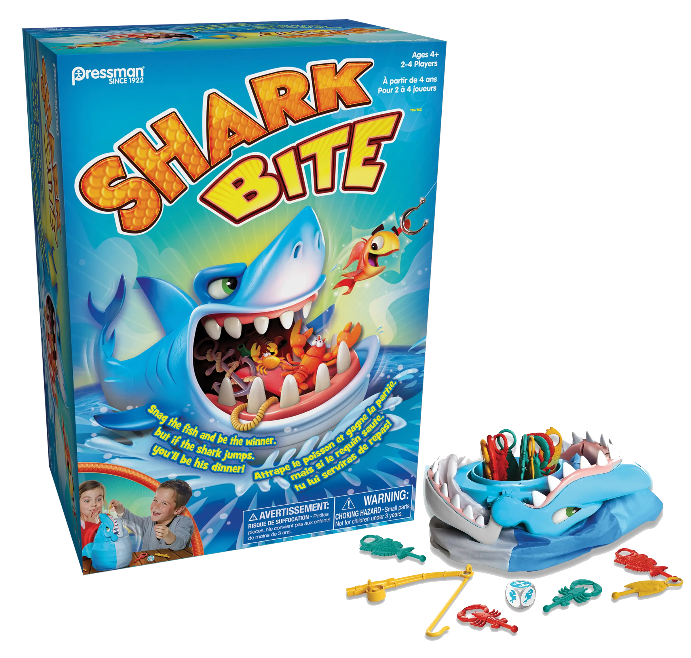 Pressman Shark Bite | Roll the Die and Fish for Colorful Sea Creatures Before the Shark Bites | Fun Fishing Game for Kids Ages 4+ | Easy Setup with 12 Colorful Sea Creatures & 2 Fishing Rods