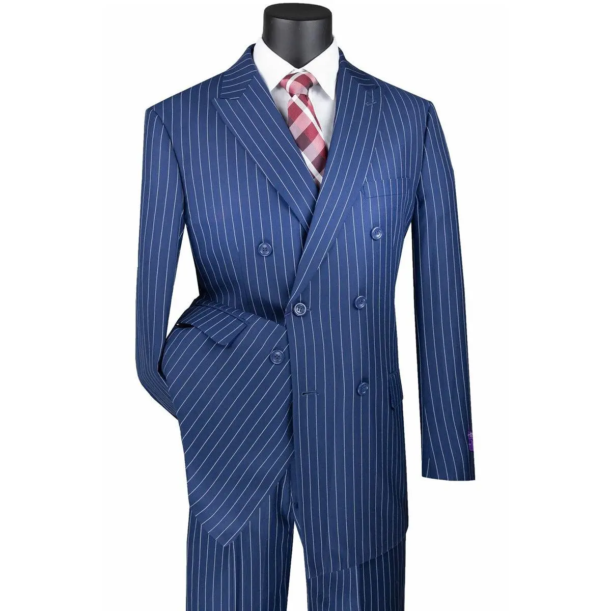 Mens Double Breasted Gangster Bold Pinstripe Suit in Indigo Blue