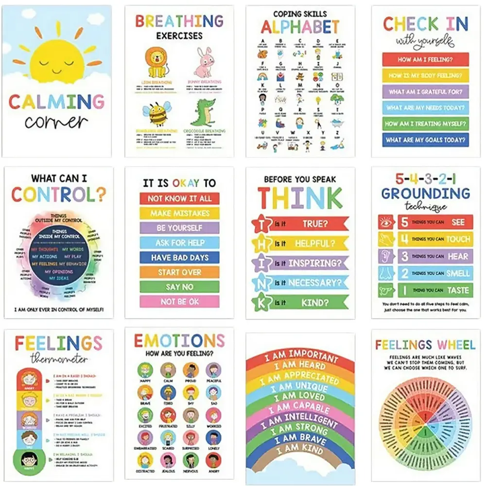 12 Calming Corner & Feelings Posters for Kids (10x14 Inches) - Emotions Chart, Calm Down Corner Supplies, Social Emotional Learning SEL Tools, Therapy Office & Classroom Decor, Preschool to Elementary School, Autism ADHD Support Wall Art Set