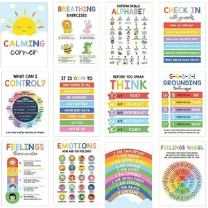 12 Calming Corner & Feelings Posters for Kids (10x14 Inches) - Emotions Chart, Calm Down Corner Supplies, Social Emotional Learning SEL Tools, Therapy Office & Classroom Decor, Preschool to Elementary School, Autism ADHD Support Wall Art Set