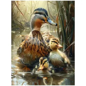Warm Wetland Mallard Duck Family With Reeds And Water Droplets Art Painting Diamond Painting 5D DIY Diamond Painting Kit Full Drill Square Round Diamonds Embroidery Art Craft Home Wall Decor Unique Gift Handmade Decorative Painting Set