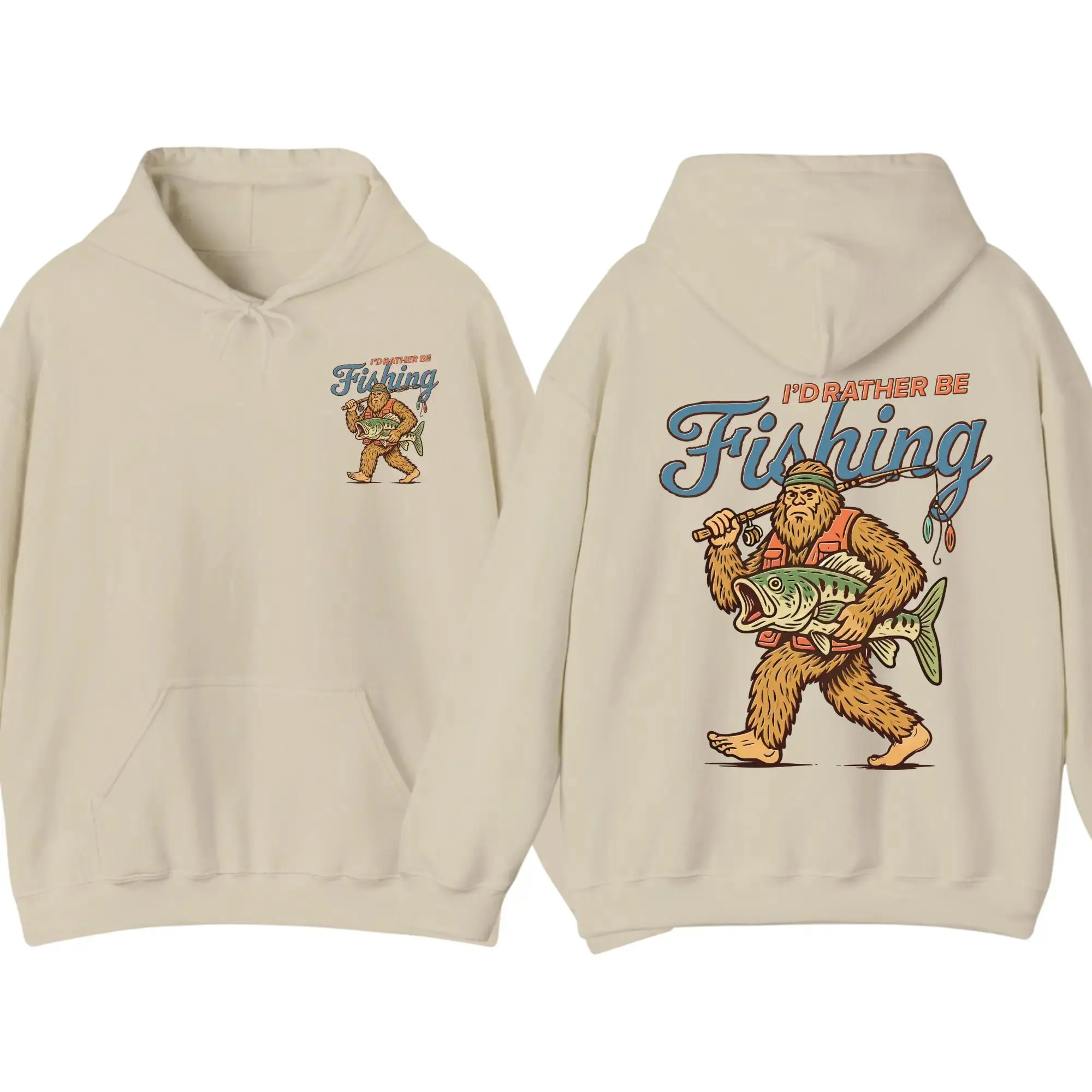 EraThreads Retro Sasquatch Hoodie, Funny Bigfoot Fishing Graphic Pullover, I’d Rather Be Fishing Hoodie, Vintage Cryptidcore Streetwear, Fisherman Gift Casual Hoodie