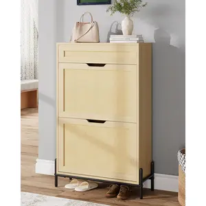 Rattan Shoe Storage Cabinet with Flip Drawers and Top Drawer, Freestanding Wooden Shoe Organizer with Adjustable Shelves and Metal Legs for Entryway Hallway Porch, Hidden Narrow Shoe Rack Cabinet for 12-15 Pairs