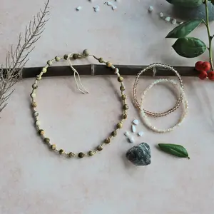 Set of 3 Beaded Picture Jasper Choker & Crystal Bracelets. Beaded Picture Jasper Wrap Bracelet. Multi Strand Bracelets. Stackable Bracelets.