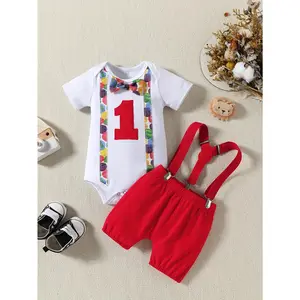 (New)Boys' Summer Suspenders Set with Bow Tie and Short Sleeve Shirt for Birthday Party, Perfect for Outdoor
