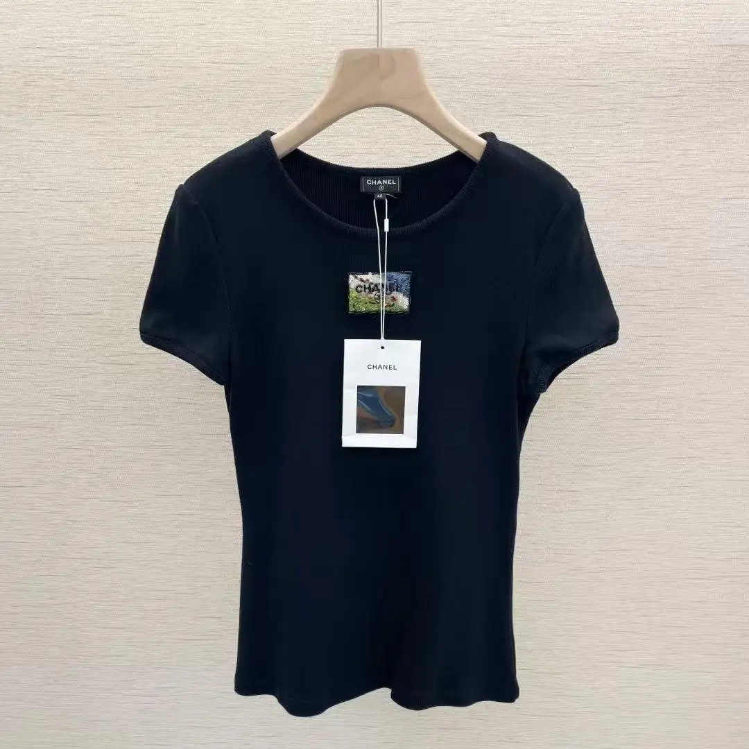 Pre-owned Chanel Beaded Sequin Logo Embroidered Casual Shortsleeve Top, Women's Clothes, Size 40 102058