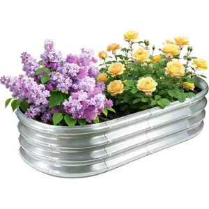 GOOZOO Galvanized Planter Raised Garden Bed, 4x2x1 ft Raised Garden Bed Kit for Gardening Outdoor, Oval Metal Land Planter Box for Vegetables, Flowers, Herbs, Fruits, Easy Assembly（Silver）