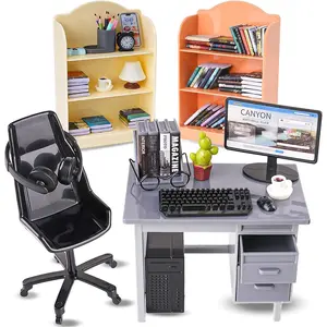 1:12 Scale Mini Office Desk Set Including Mini Computer Desk Accessories Storage Rack Books Desk Lamp Glasses Headphone Game Controller Ideal for Display and Gifting
