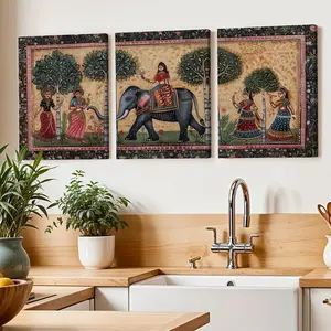 3 Piece Set Wooden Framed Canvas Poster, Indian Traditional Art, Women In Sarees, Elephant, Floral Garden, Vintage Style,Jungle Scene, Ethnic Aesthetics, Home Decor, Art Print, Wall Art for Living Room, Bedroom, Office, Hallway, Ideal Gift For Friends.