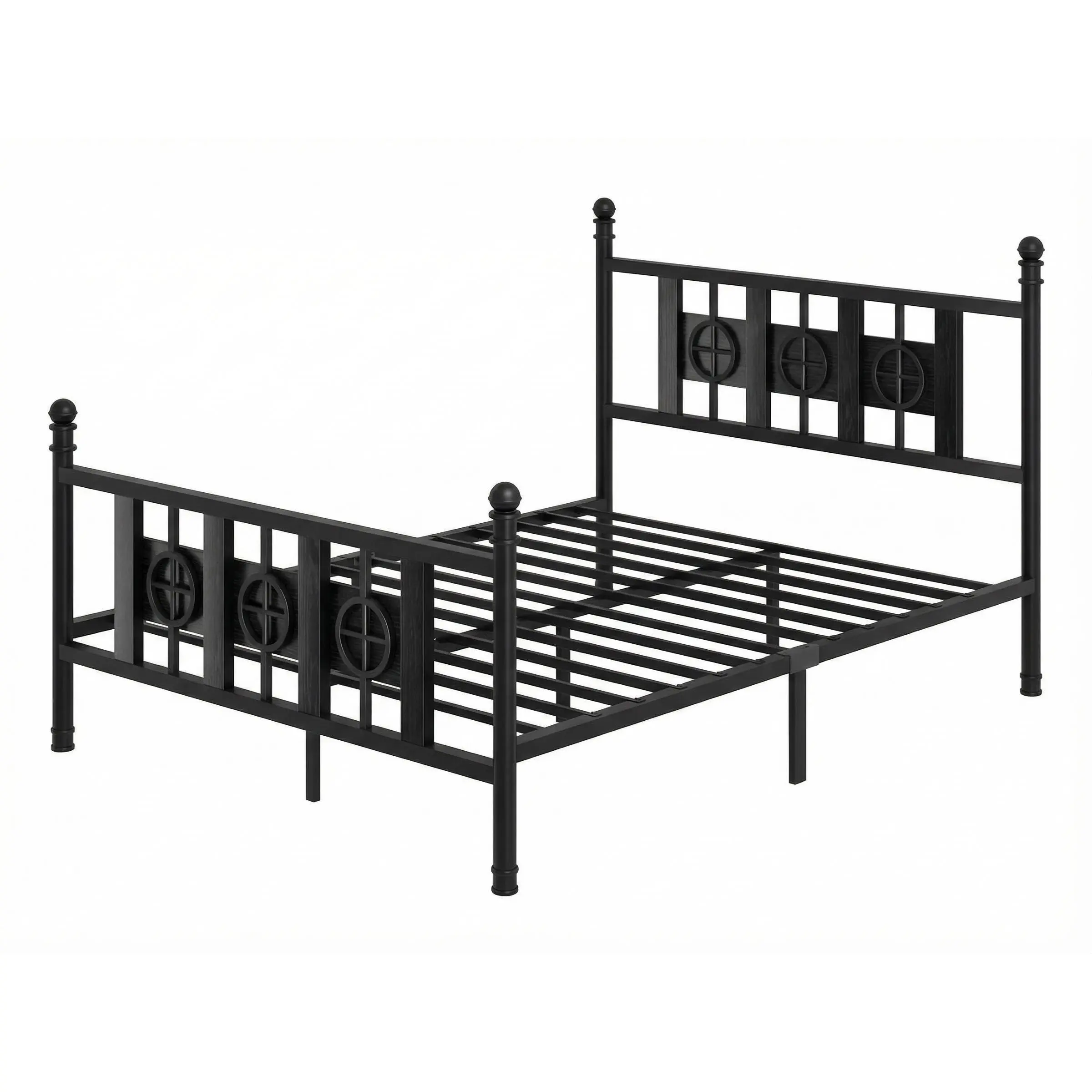GARVEE Black Full Size Retro Circle Platform Bed Frame with Headboard, Footboard, Steel Frame, Tool-Free Slot, Steel Slats Support, 11.9" Under-Bed Storage, No Box Spring Needed, Indoor Bedroom Furniture Set