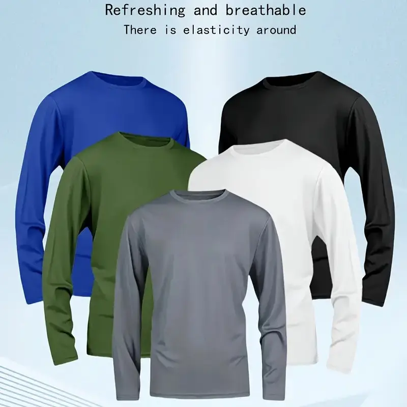 5 Piece Men's Quick Dry Long Sleeve Shirt - Moisturewicking, breathable polyester, crew neck, solid color casualsportswear, machine washable, moisture wicking garmentsCrew Neck T-Shirt | Stretchable Material,travel essentials,camping essentials tiktokshop