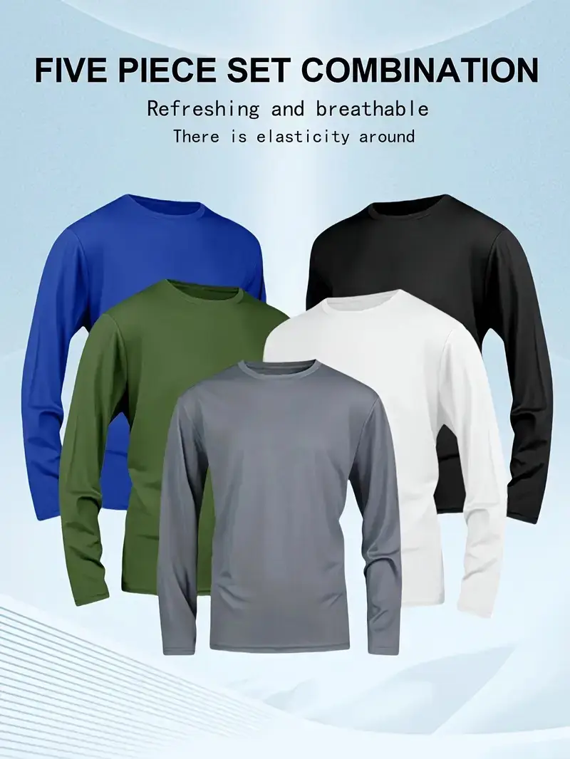 5 Piece Men's Quick Dry Long Sleeve Shirt - Moisturewicking, breathable polyester, crew neck, Outdoorfun,solid color casualsportswear, machine washabl