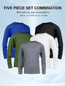 5 Piece Men's Quick Dry Long Sleeve Shirt - Moisturewicking, breathable polyester, crew neck, Outdoorfun,solid color casualsportswear, machine washable, moisture wicking garmentsCrew Neck T-Shirt |     Stretchable Material Fathersdaygift