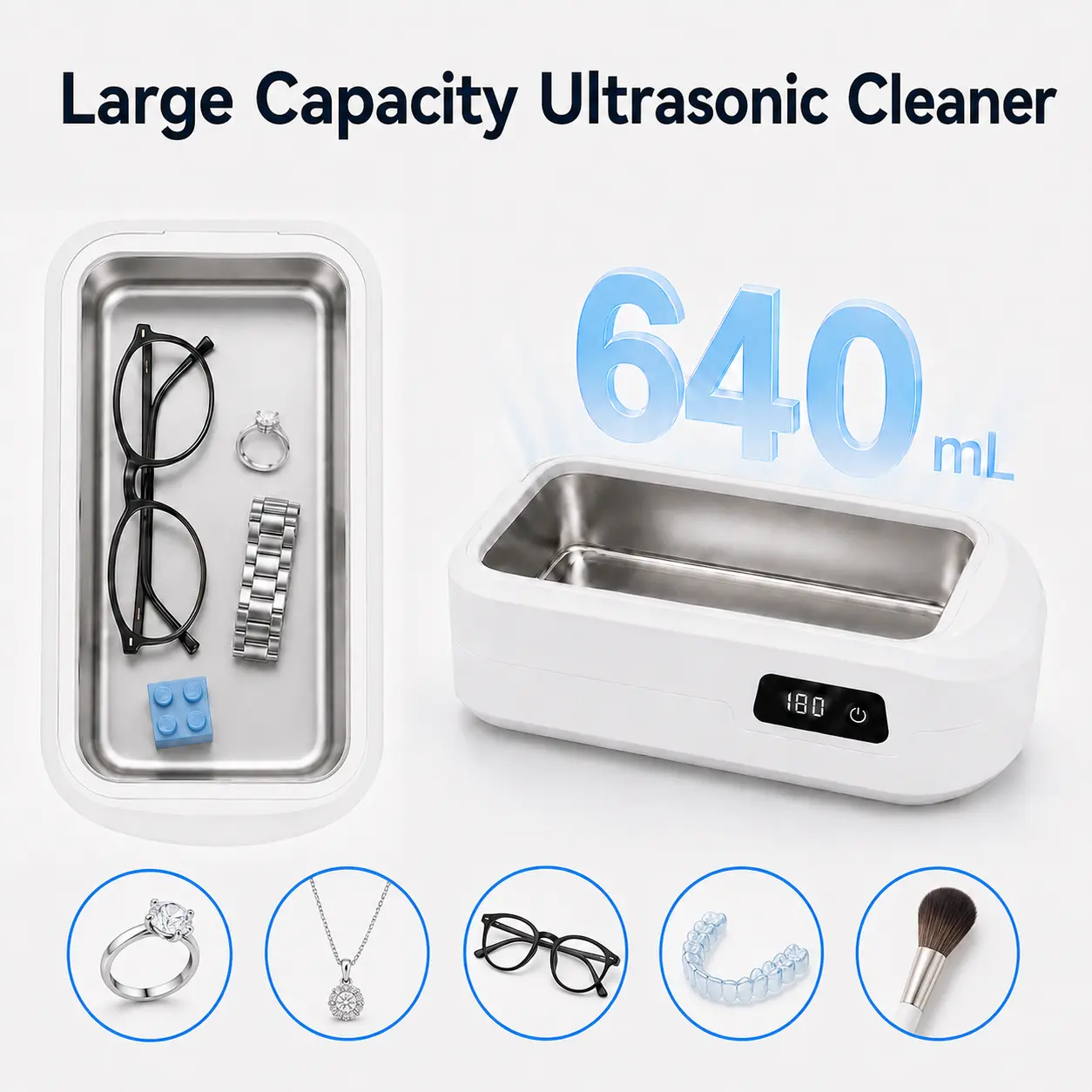 Household Large-Capacity Versatile Ultrasonic Cleaning equipment Appliance - 640ML 49kHz Deep Cleaner with 4 Timer Modes, 304 SS Tank for Small Items, Eyeglasses, Jewelry, Retainers, Watch Bands, Makeup Brushes, Jewelry and Denture Cleaner