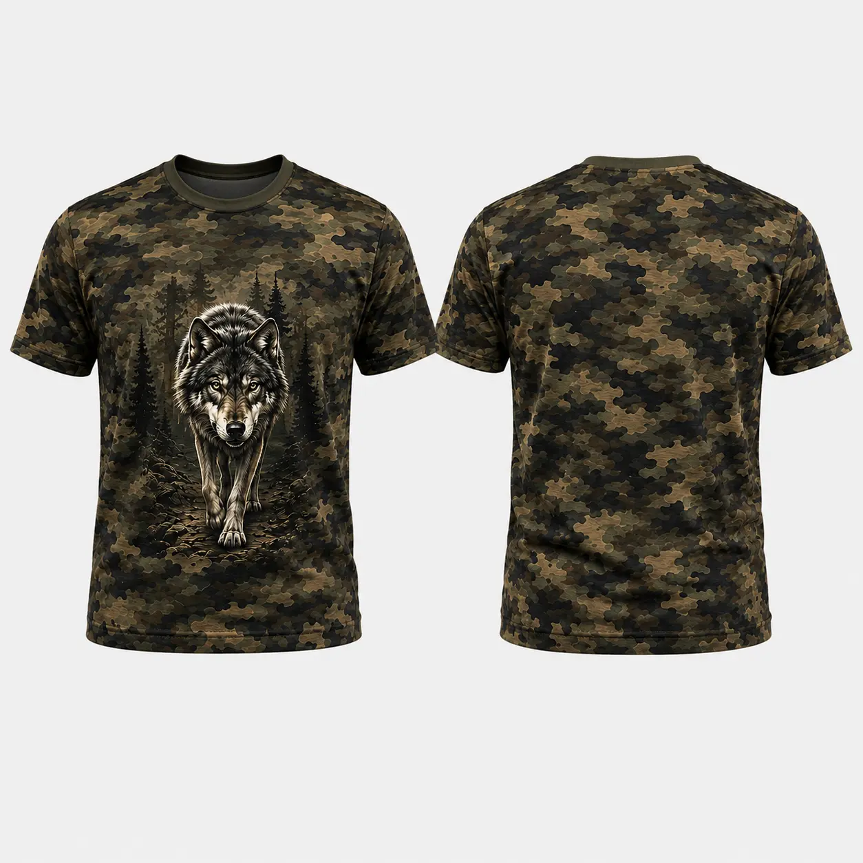 Men's Woodland Camo Wolf Graphic T-Shirt Outdoor Hunting Tee Fabric