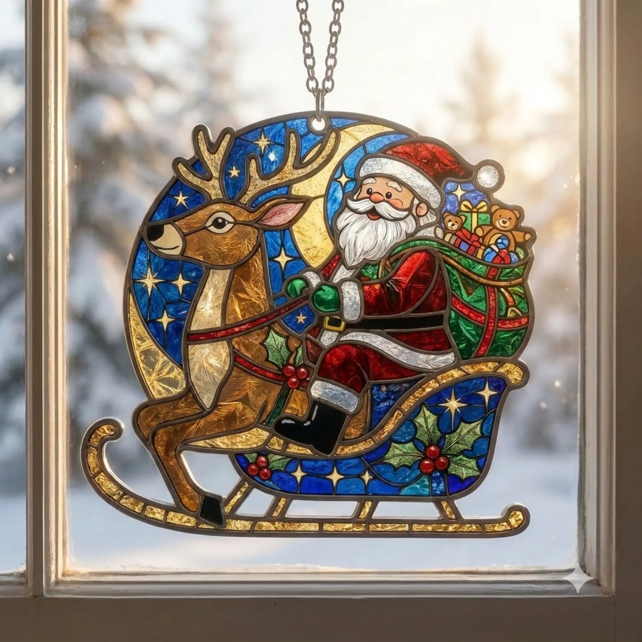 Stained Glass Style Floral Santa & Reindeer Suncatcher, Christmas Window Hanging Home Decor, Holiday Gift