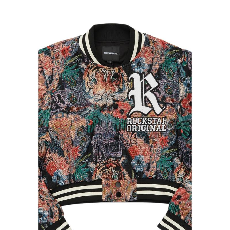 Rena Black Crop Tapestry Varsity Jacket