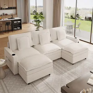 Sectional Couches, 108 in Cloud Modular Sectional Sofa, U-Shaped Chenille Deep Seat Sofa with Storage Armrests and Charging Ports, Movable Ottoman and Cup Holder Included, Beige