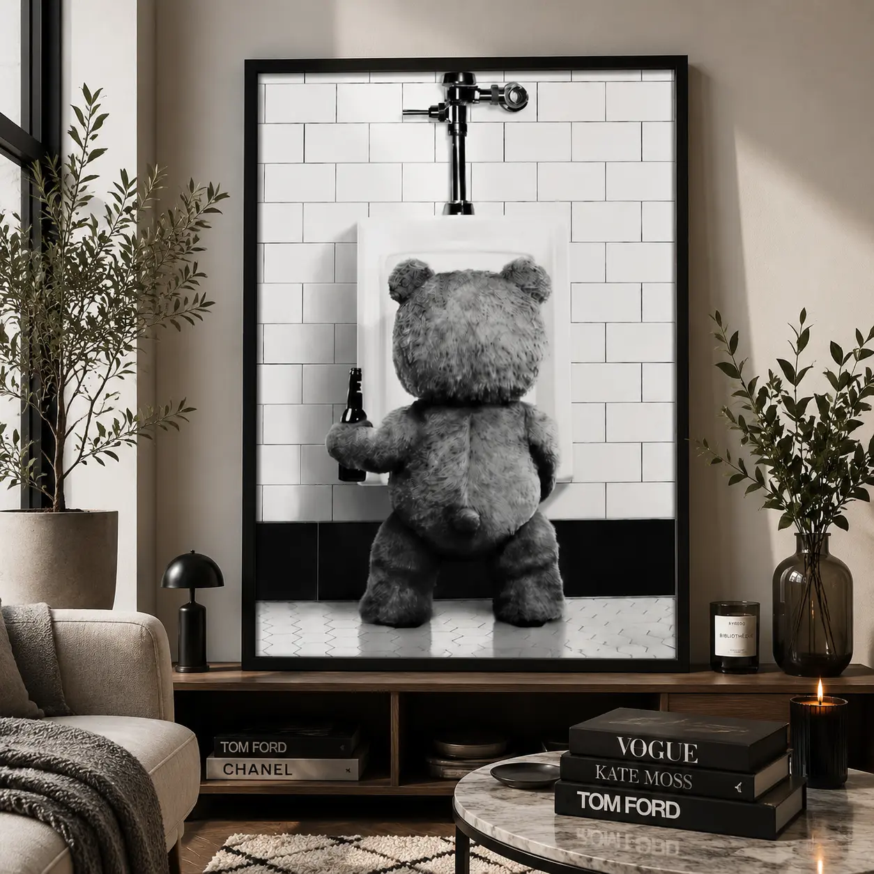 Ted Movie Teddy Bear Black & White Artistic Canvas Wall Print, Funny Home Decor for Bathroom & Nursery, Eco-Friendly Fade-Resistant Waterproof Room Decor for Home Spaces