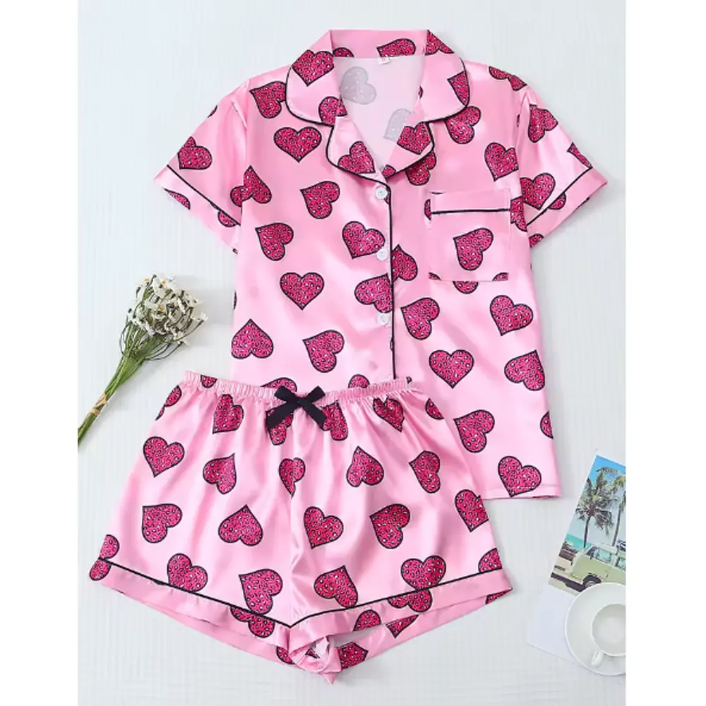 Valentine's Day 2-Piece Satin Pajamas with Heart Print, Short-Sleeved Shorts, Women's Pajamas, Loungewear Set Suitable for Home Use #2026trend #trendingfashion #tiktokshopfinds