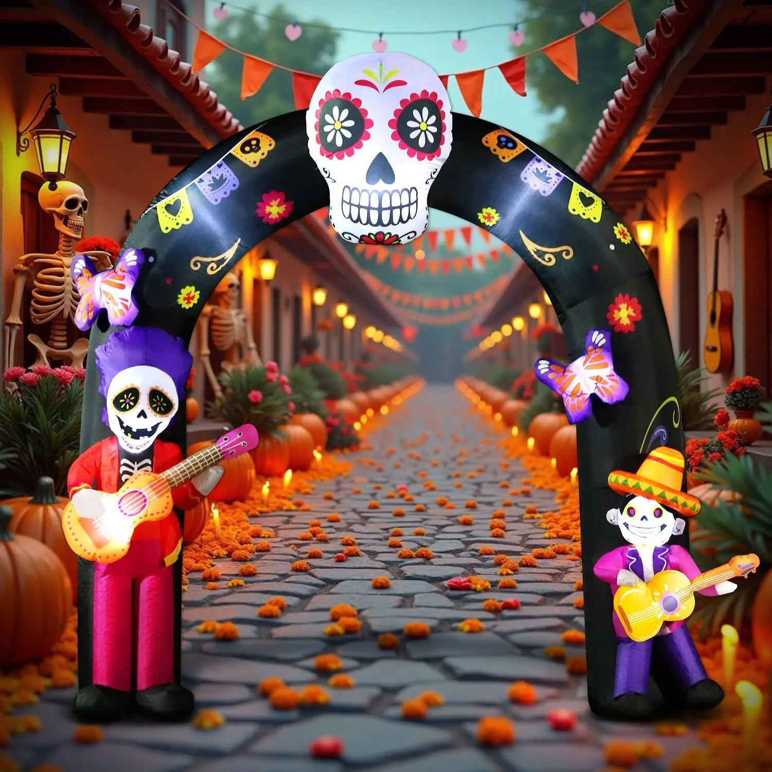 8 FT Dia de Los Muertos Inflatable Archway - Skull Skeletons, Built-in LED Lights - Outdoor Blow-Up Novelty Decoration for Garden, Lawn, Holiday Parties