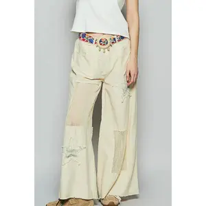 POL Raw Hem Star Patch Boho Wide Leg Pants – Cotton Statement Bottoms