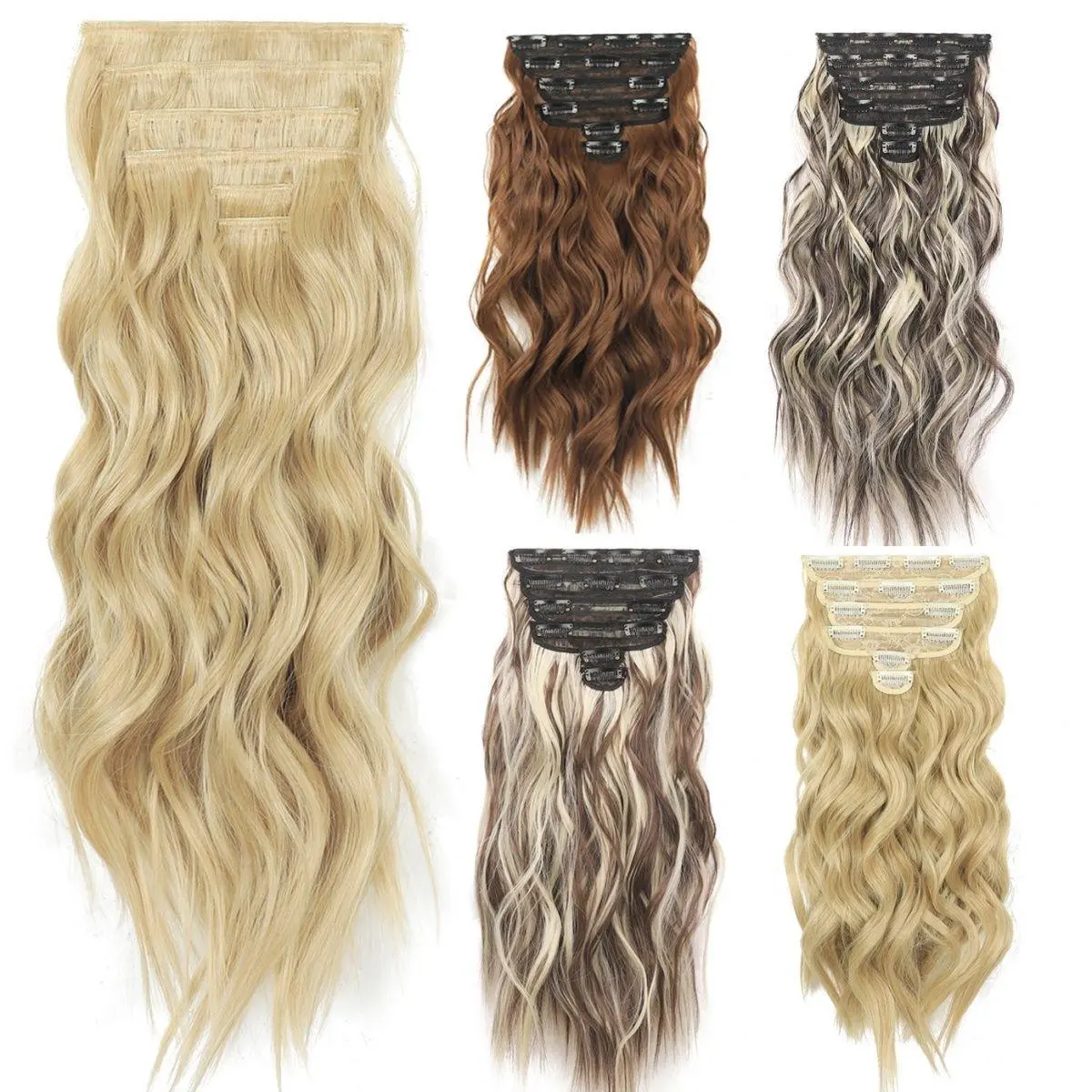 Women's 6pcs 21-In Silver Gray Wavy Clip-In Synthetic Fiber Extensions, Full Head Thick Hairpieces Set with Comb & Satin Ribbon, Suitable for Festivals & Daily Wear