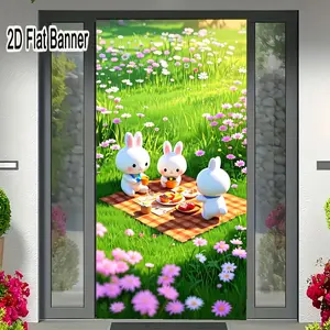 2D flat banner, 1pcCute White Bunnies Picnic Backdrop | Checkered Plaid Red-Brown Meadow Party Decor, Pastries & Flowers Scene for Whimsical Outdoor Eventgalentines party decor, valentine day decor, decorations for valentines day